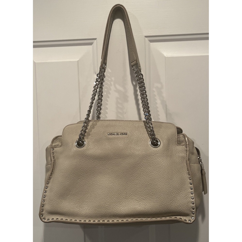 Michael Kors Astor Shoulder Bag Purse Light Grey Leather Studded 3 Main Pockets